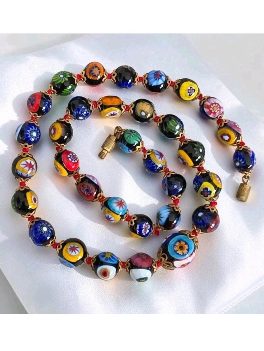 Vintage Venetian Murano Millefiori Black Glass Graduated Bead Necklace 16.5"